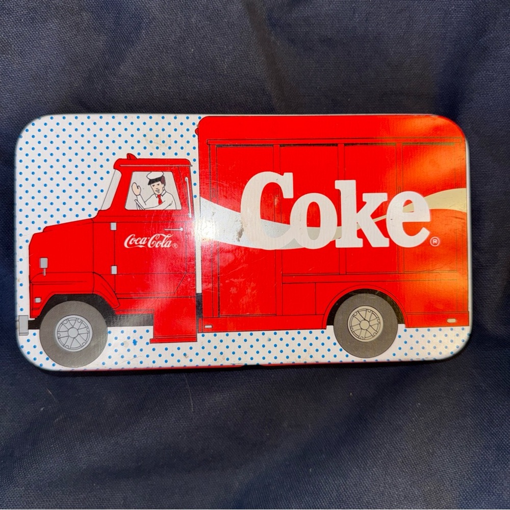 Coca Cola red Logo Delivery Truck Pencil Box Trinket Tin by The Tin Box Co 1987
